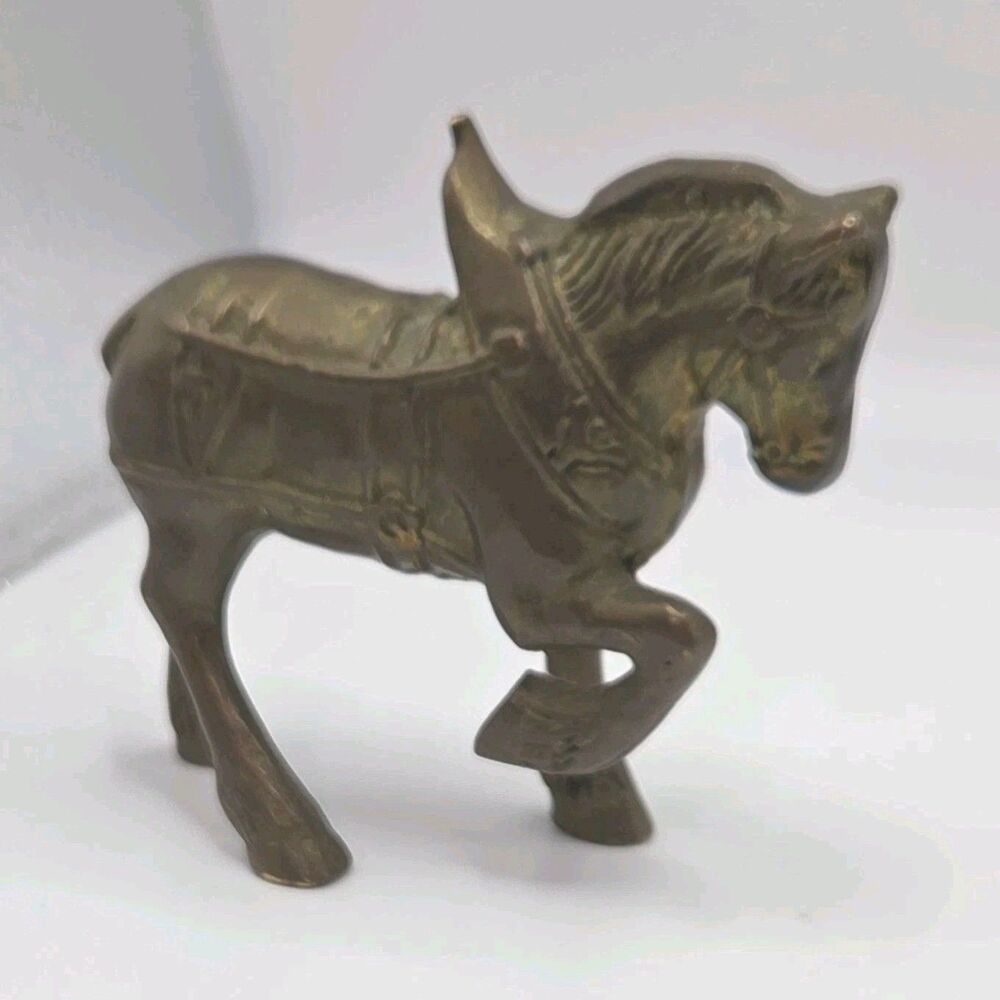 Brass Horse Figurine with Saddle & Harness, Approx. 4 in Long, Small Decor